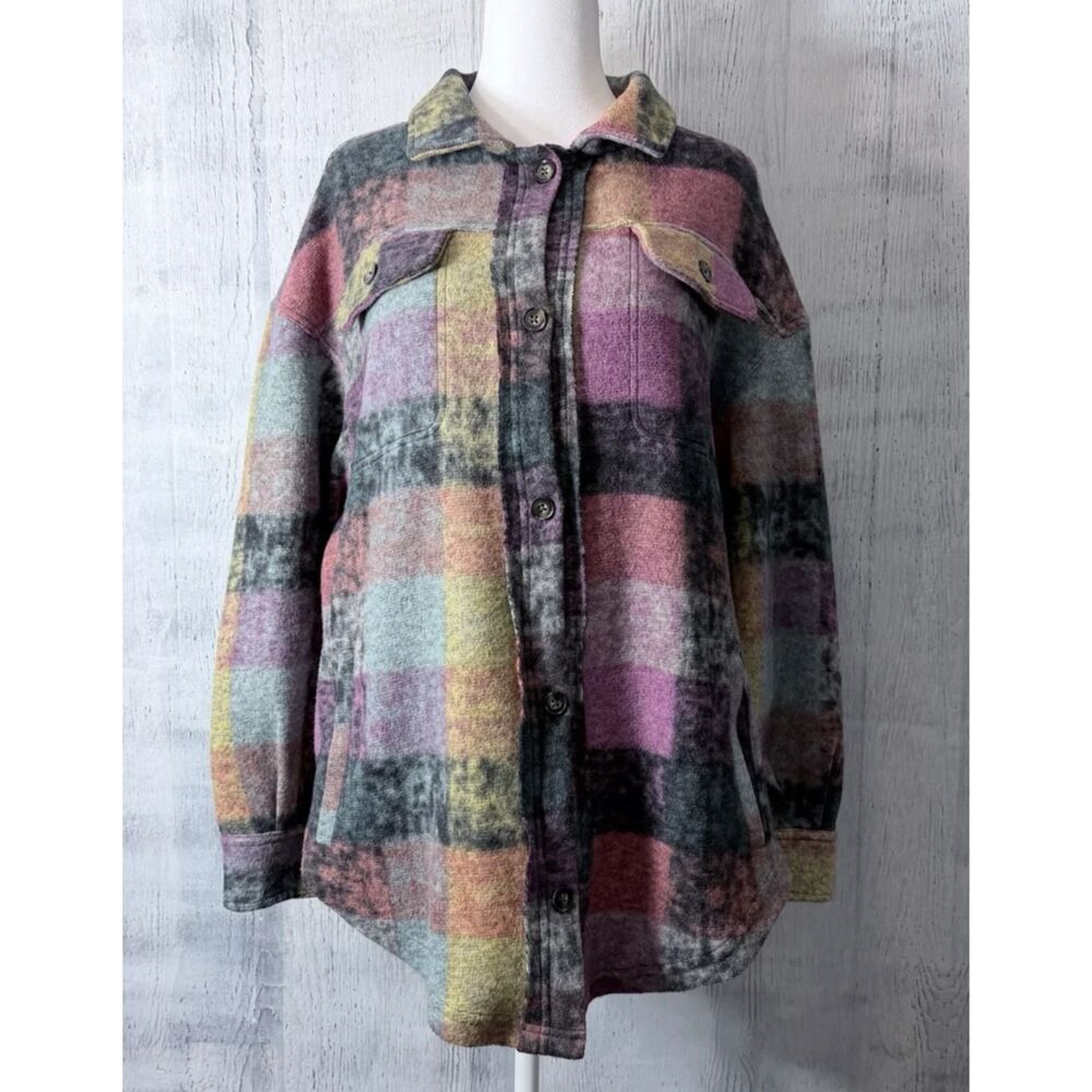 BiBi Multicolor Shacket Plaid Fleece Button Front Shirt Jacket Womens Size M